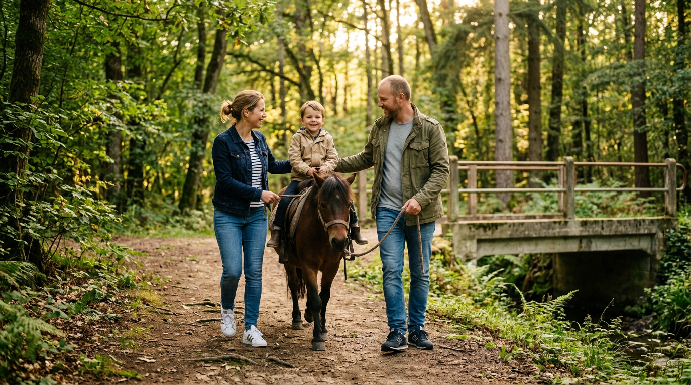 une photo avec un cavalier a dos de poney avec ses deux parents